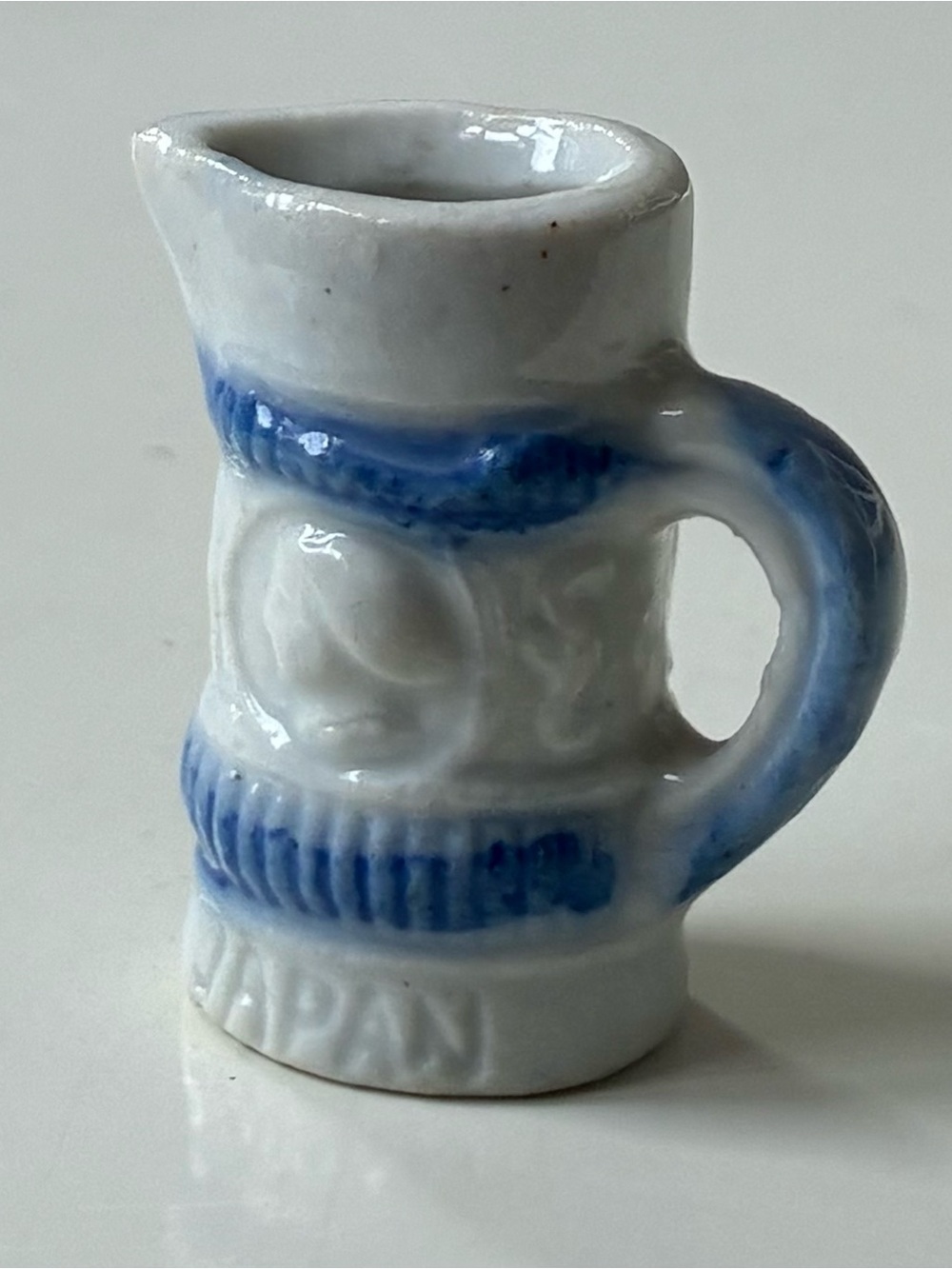 Vintage Japan Miniature Toby Jug Blue White Ceramic Character Pitcher 1.5” mini